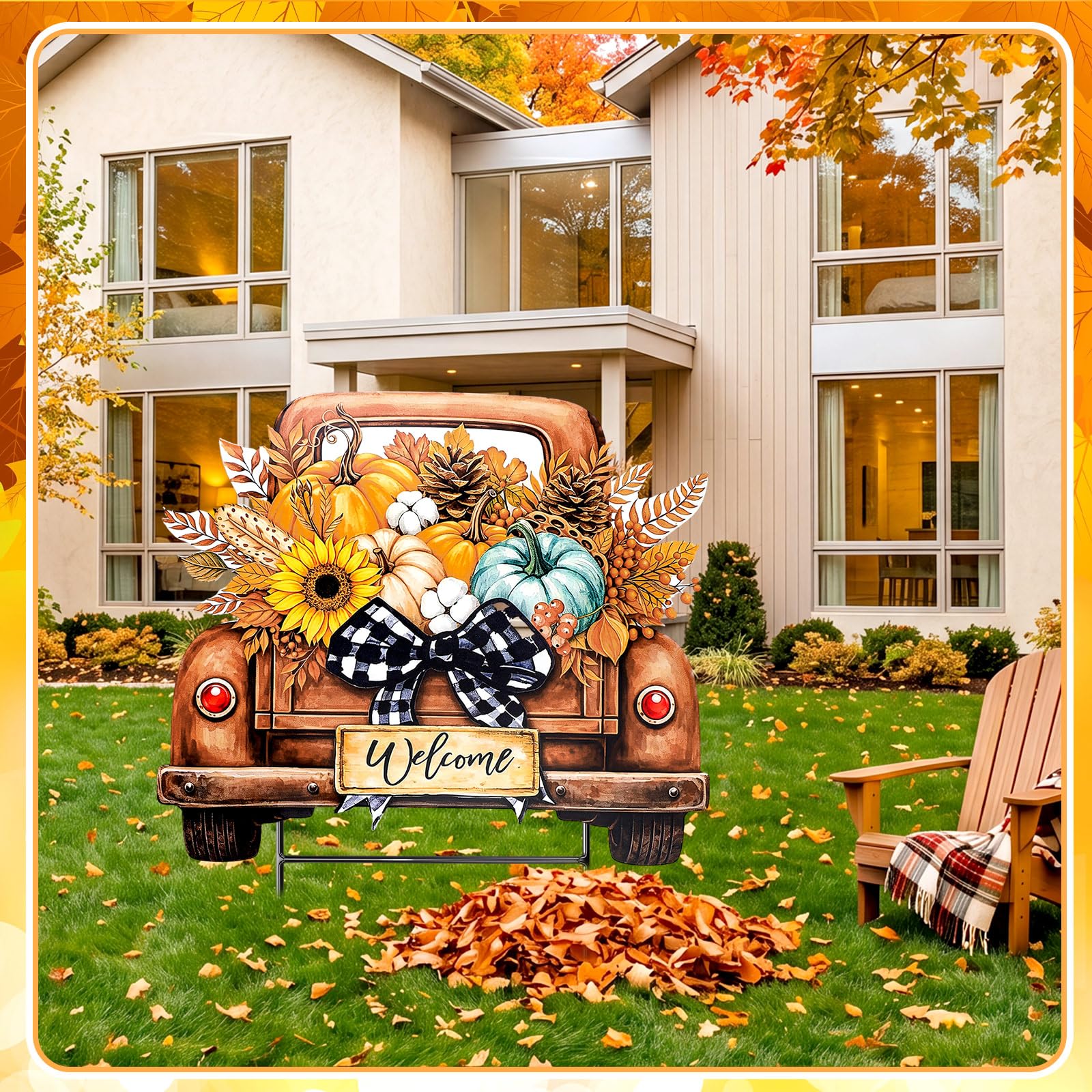 Weysat Outdoor Pumpkin Truck Yard Sign displayed in a garden