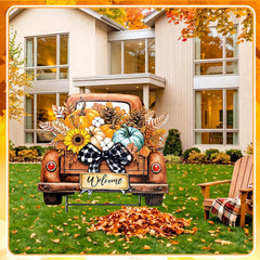 Weysat Outdoor Pumpkin Truck Yard Sign displayed in a garden