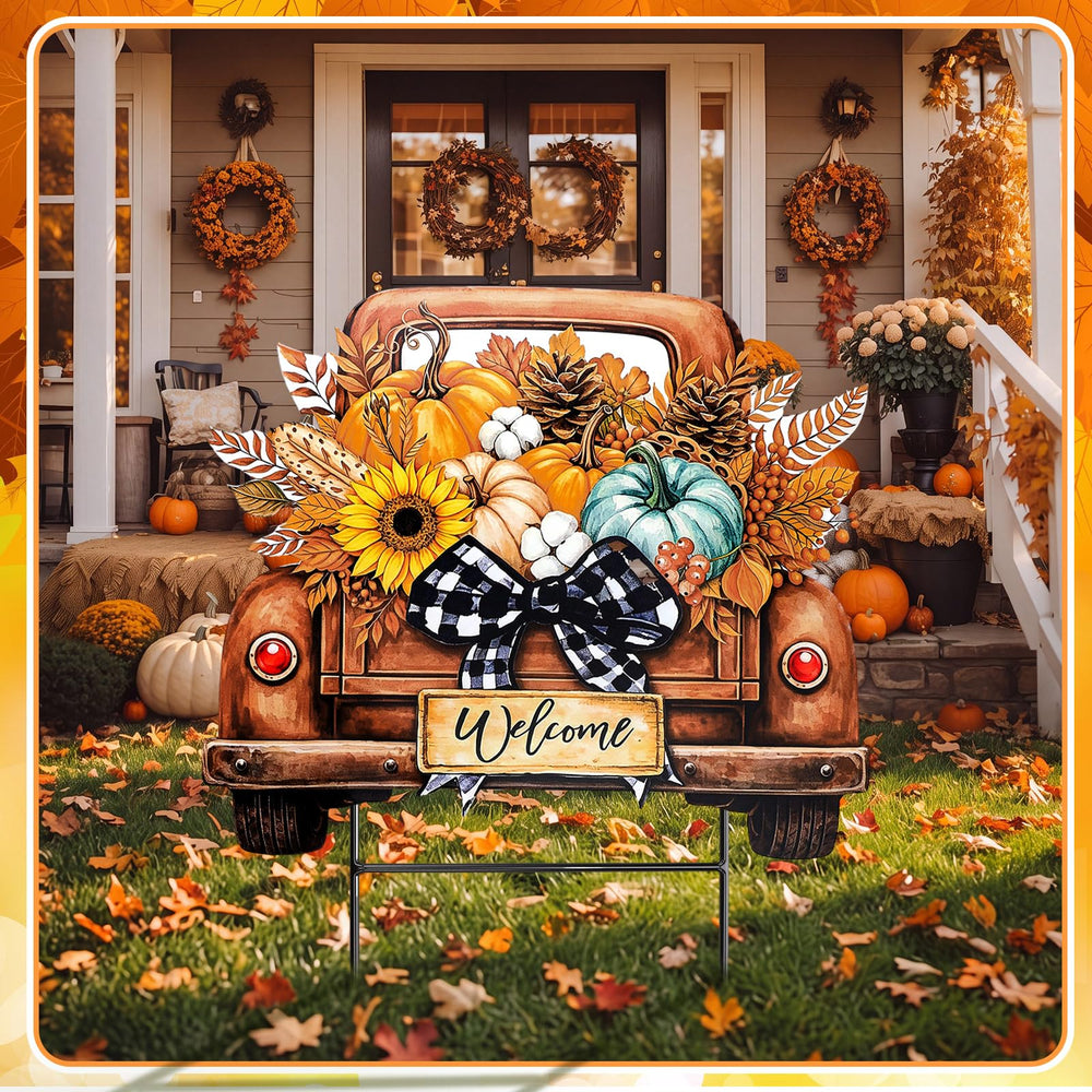 Weysat Pumpkin Truck Yard Sign in autumn garden setting
