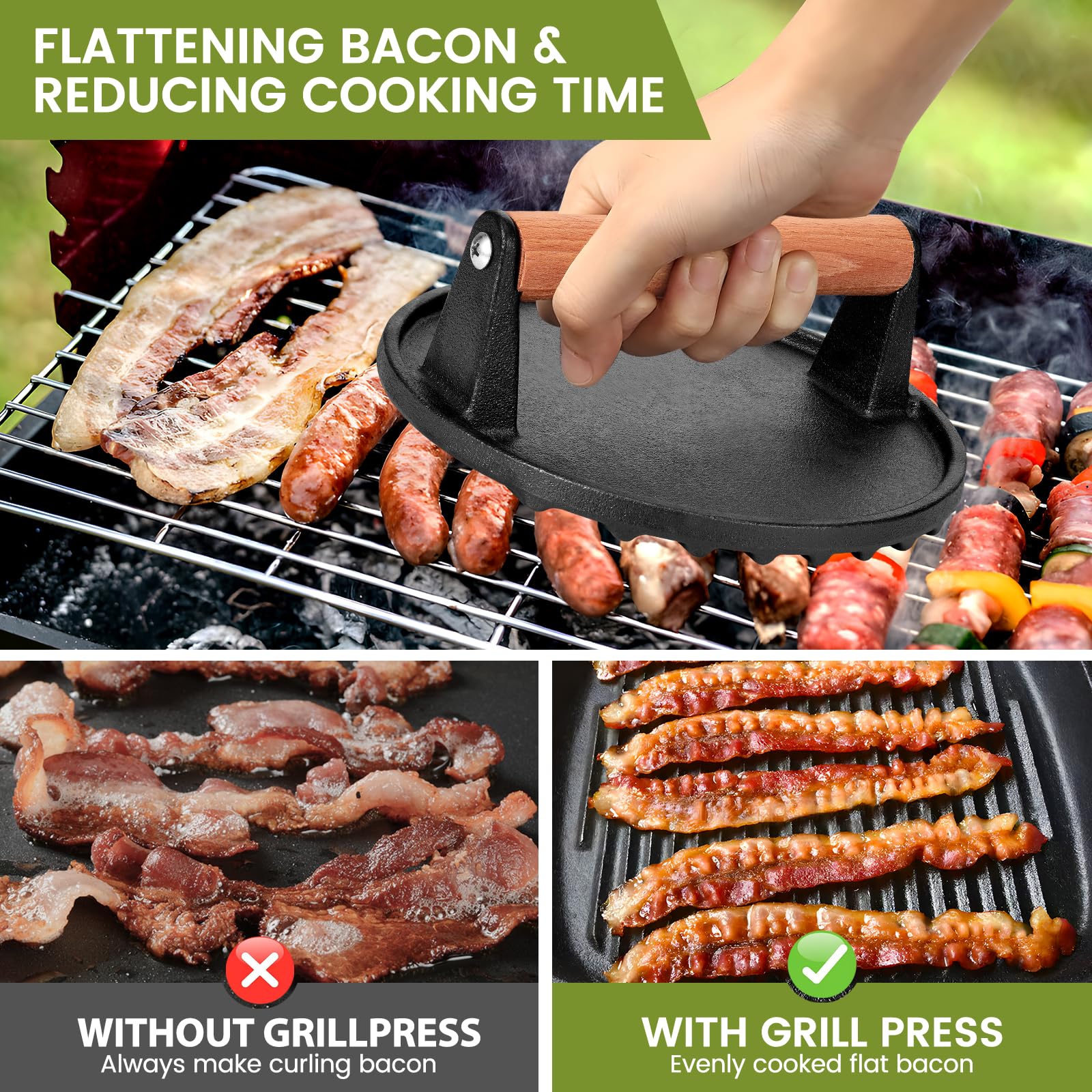 Whaleme Cast Iron Burger Press on a grill