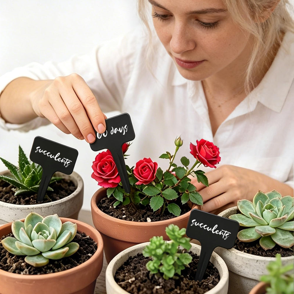 Whaline Black T-Type Plant Labels in a garden setting