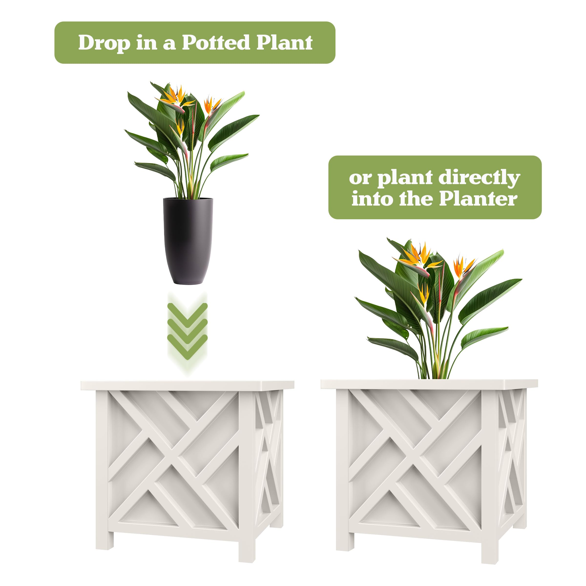 White outdoor planter box with flowers in a garden