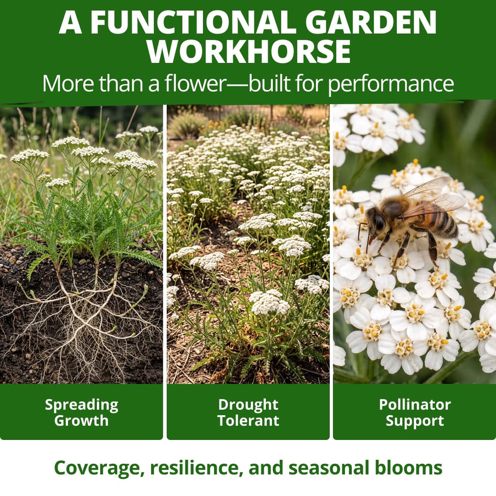 White Yarrow flowers attracting bees and butterflies