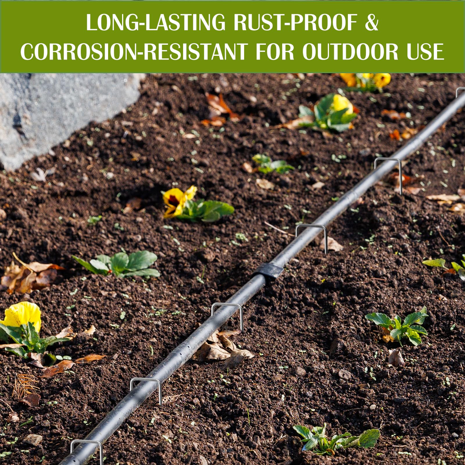 Whonline landscape stakes in use securing landscape fabric