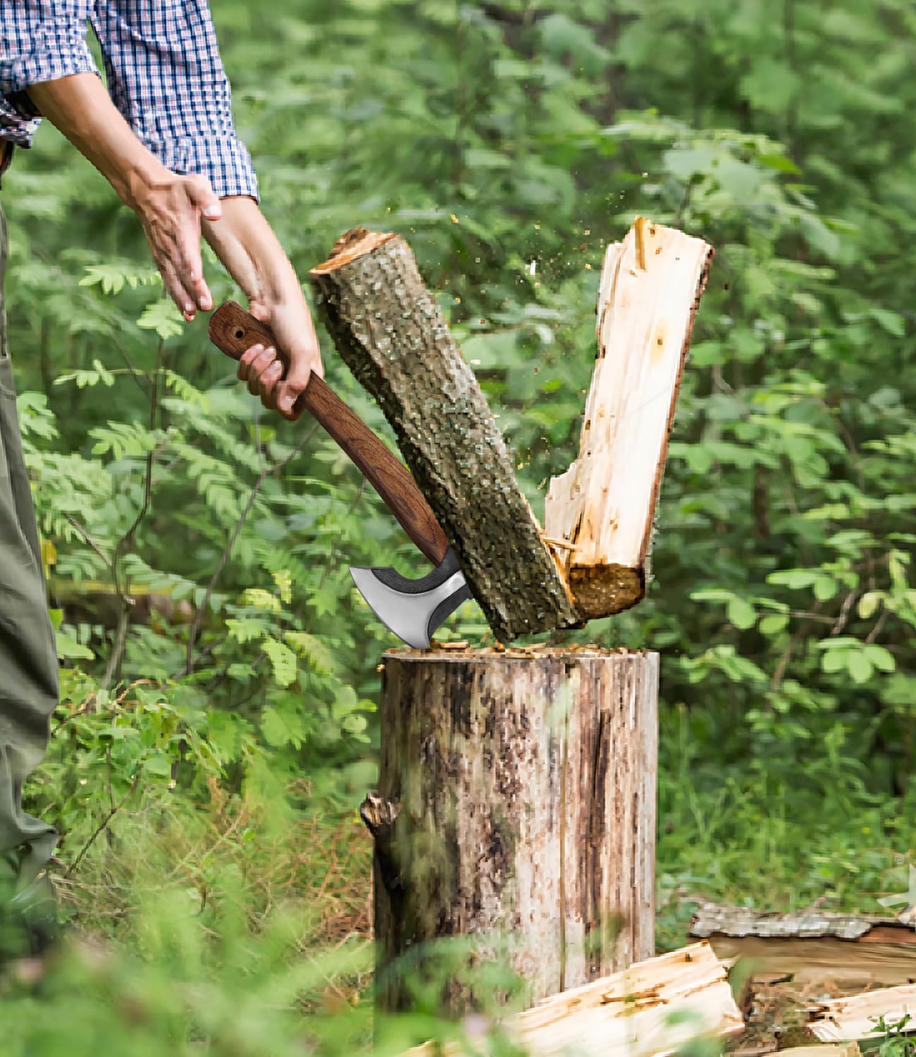 WICING Camping Hatchet in outdoor setting with chopped wood