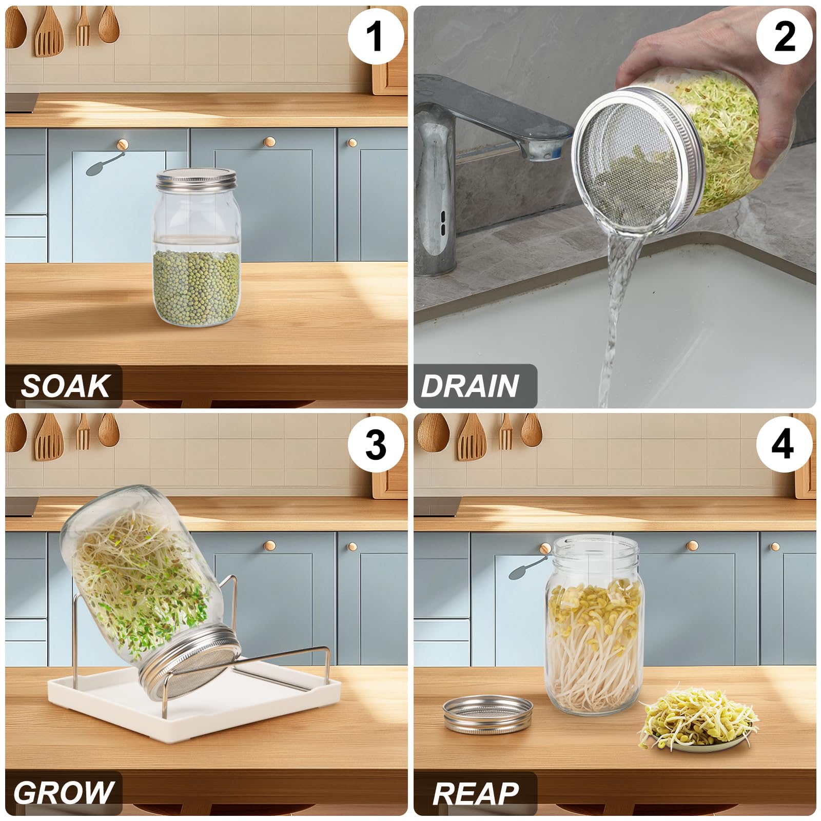 Wide mouth glass jar with stainless steel sprouting lid