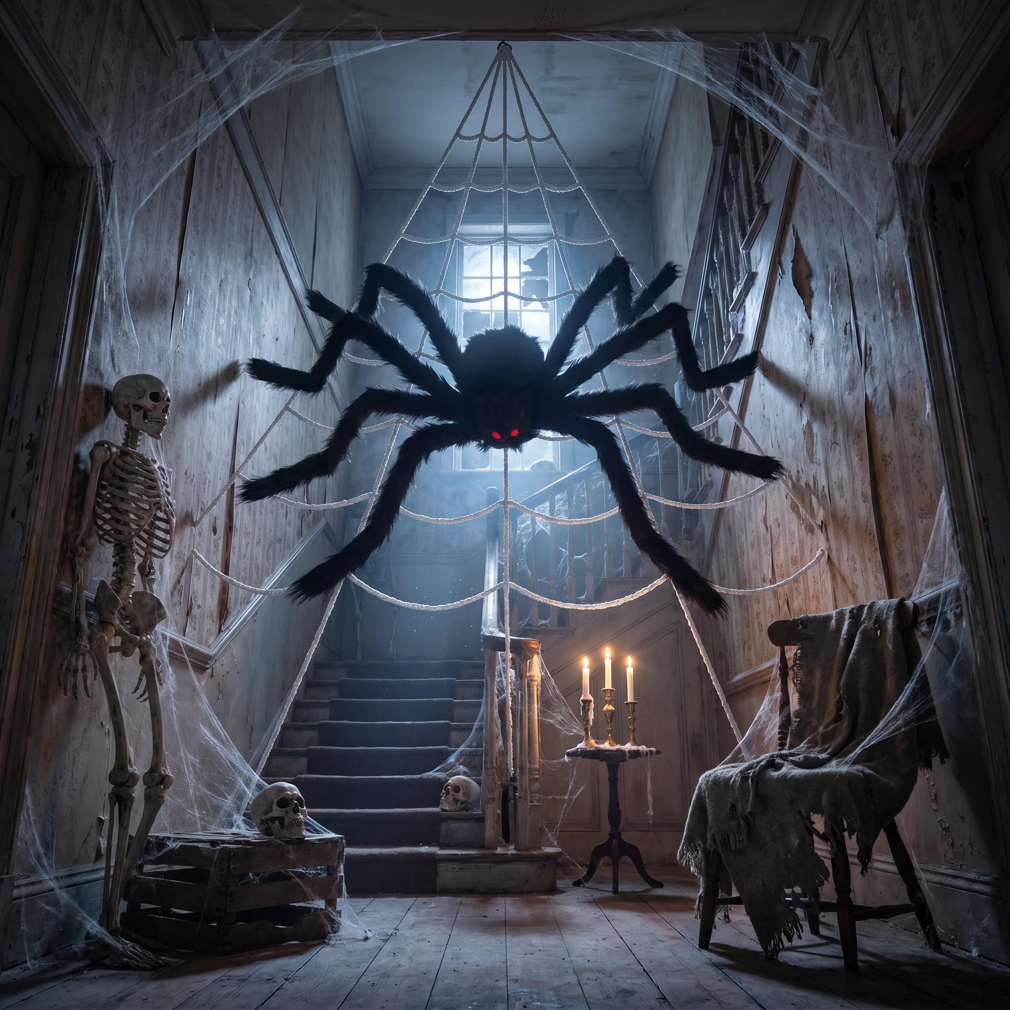 Wide shot of the Halloween spider decor set in use