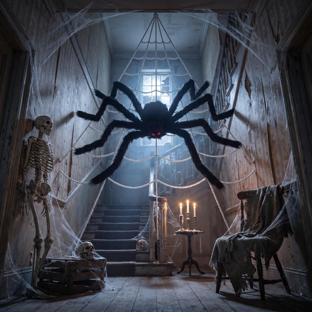 Wide shot of the Halloween spider decor set in use