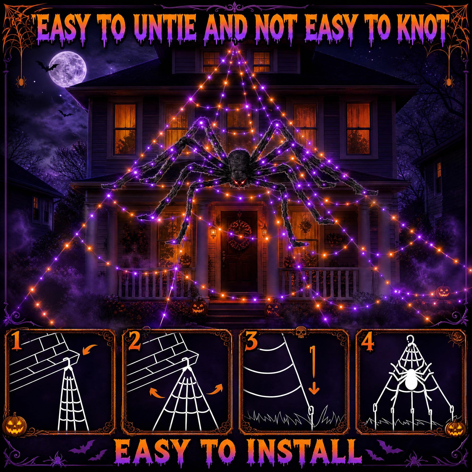 Wide view of Halloween decorations featuring spider web lights