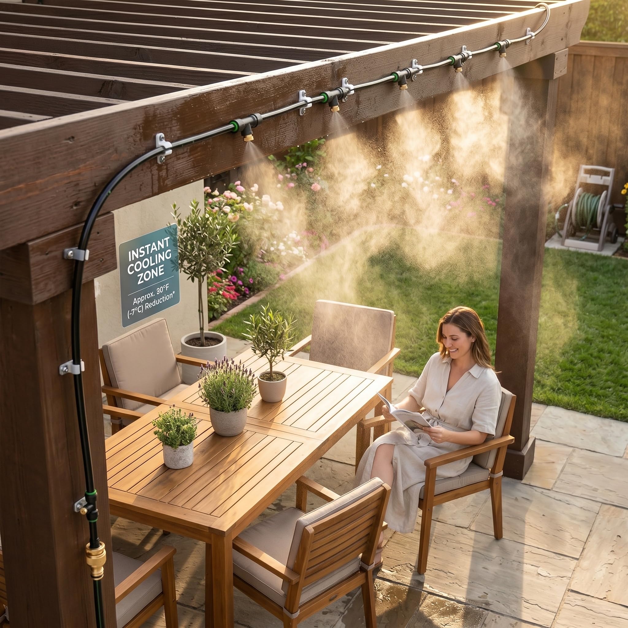 Wide view of misting coverage area by Lekit system