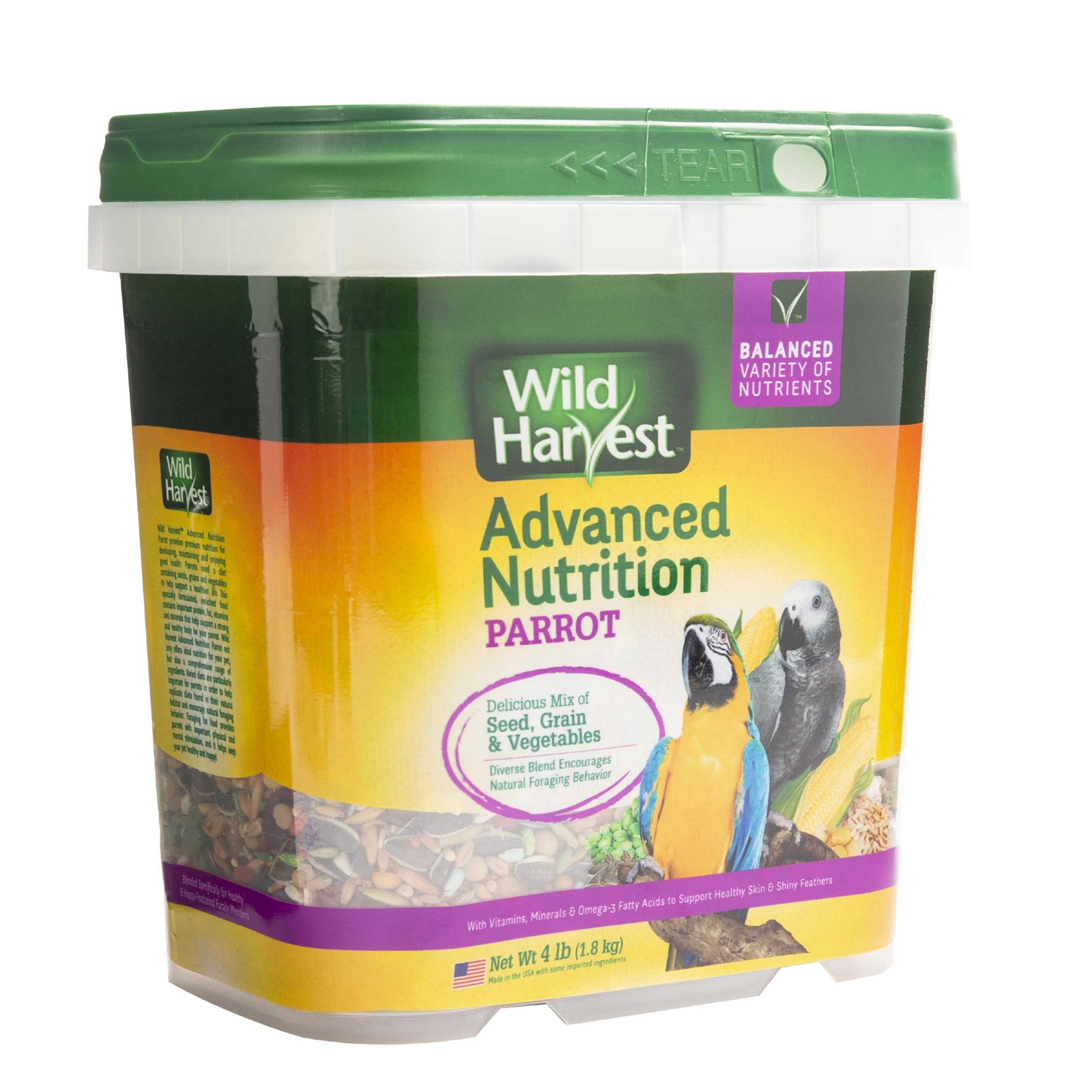 Wild Harvest Parrot Food displayed on a kitchen counter