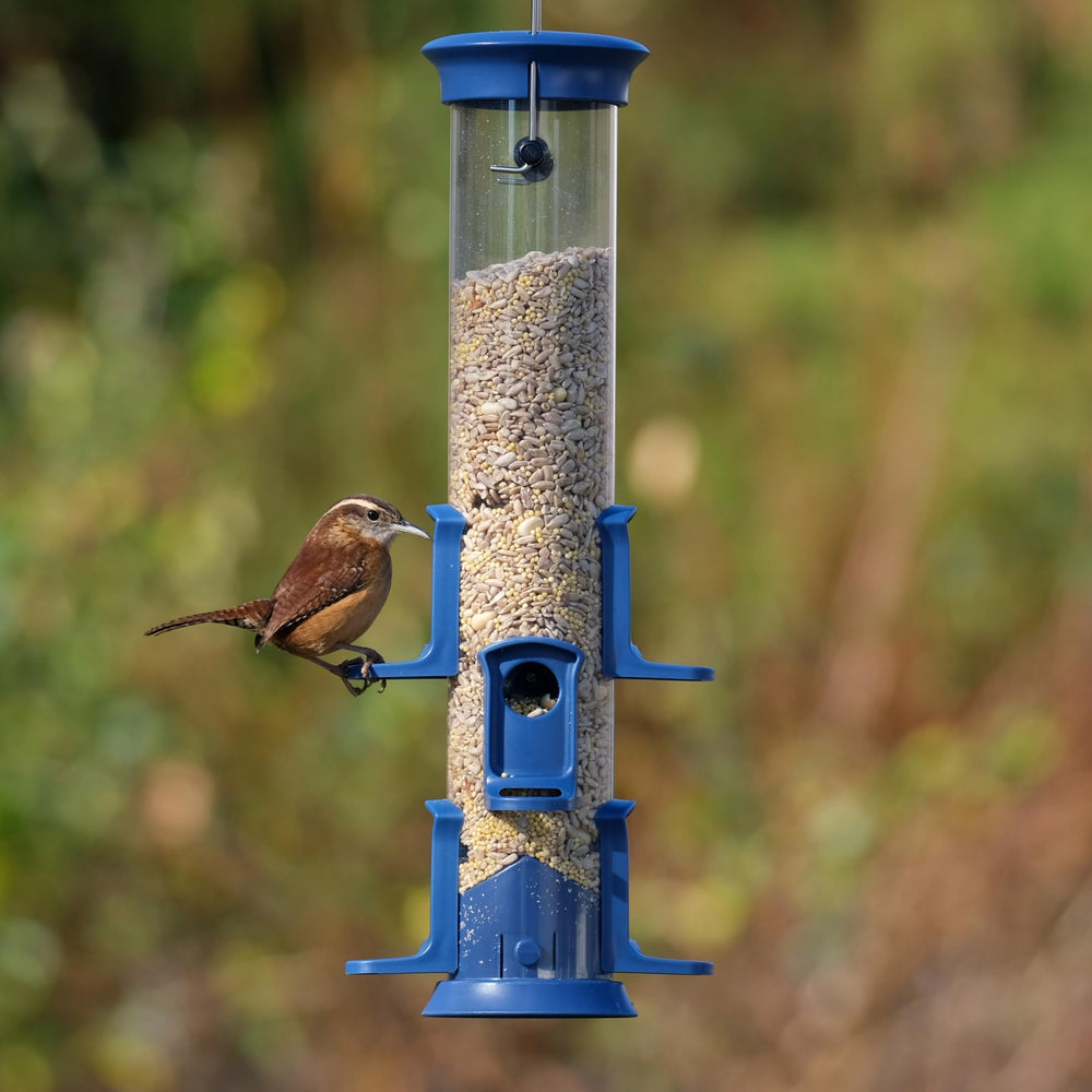 Wild Wings Plastic Seed Tube Bird Feeder in use with mixed seeds