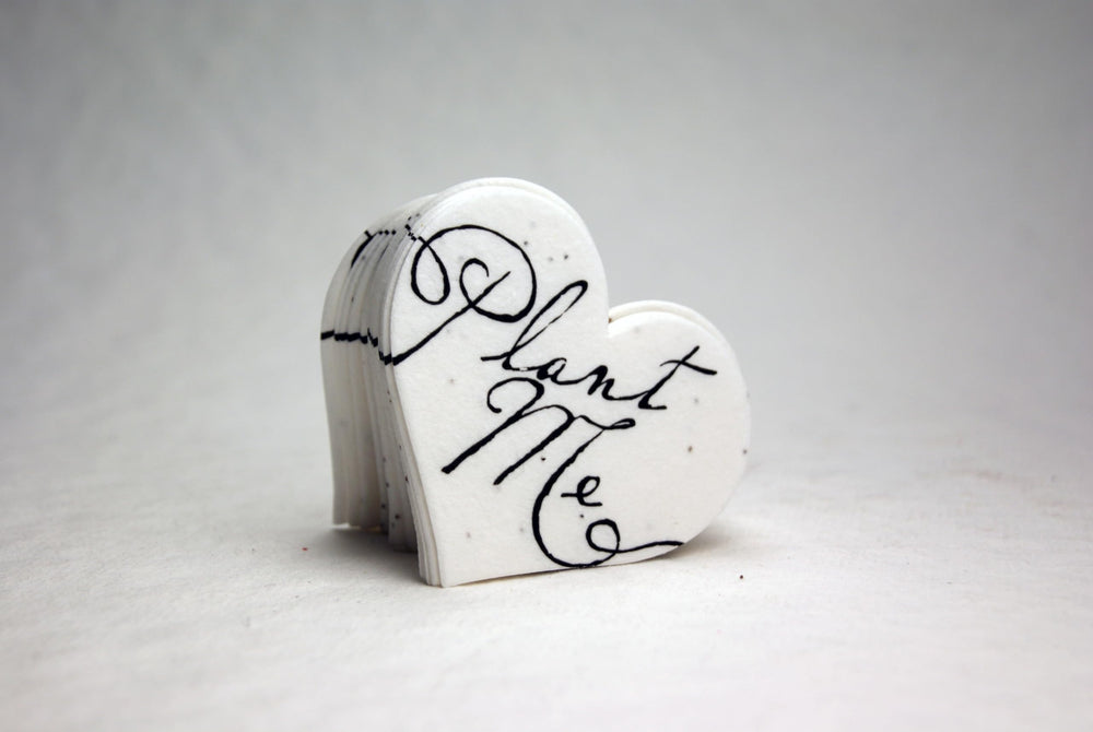 Wildflower Seed Paper Heart Tag planted in soil with sprouting flowers