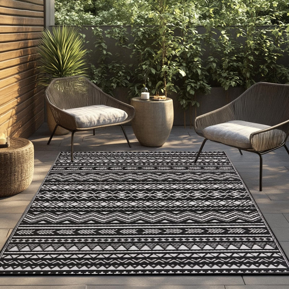 WILDROOTS outdoor rug on patio with furniture