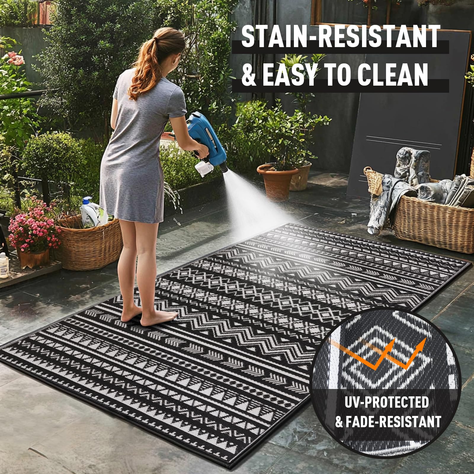 WILDROOTS outdoor rug showing reversible design
