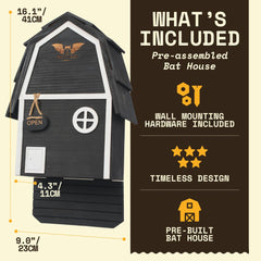 WildYard Big Bat Barn Junior black bat house mounted on a wall