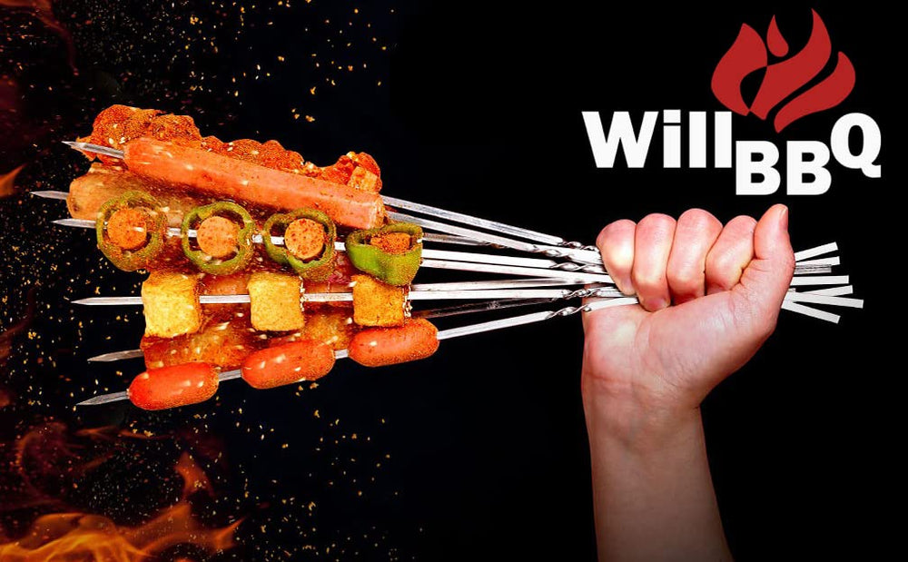 WILLBBQ skewers showcased with barbecue grill setup