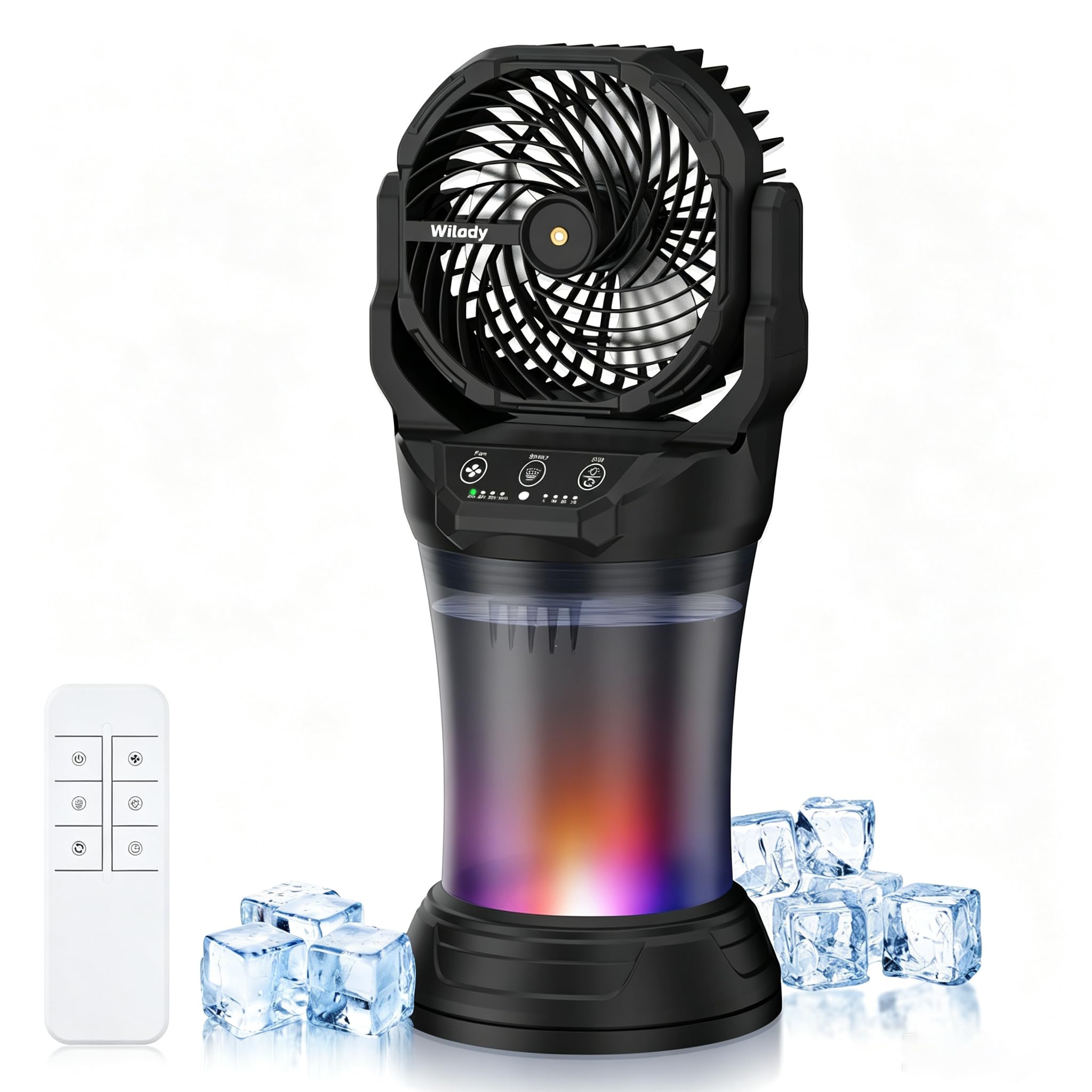 Wilody Misting Fan portable camping fan front view with 2L water tank