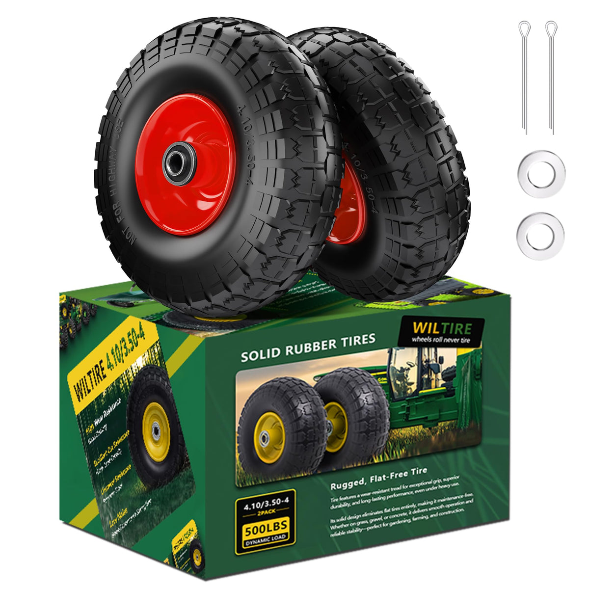 Wiltire 10-inch solid flat free tire and wheel replacement set, red