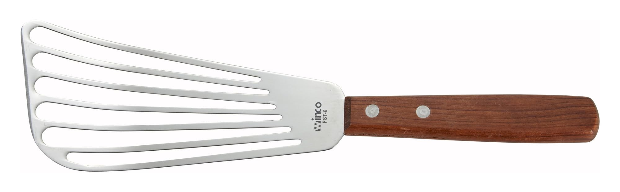 Winco Fish Spatula front view with wooden handle