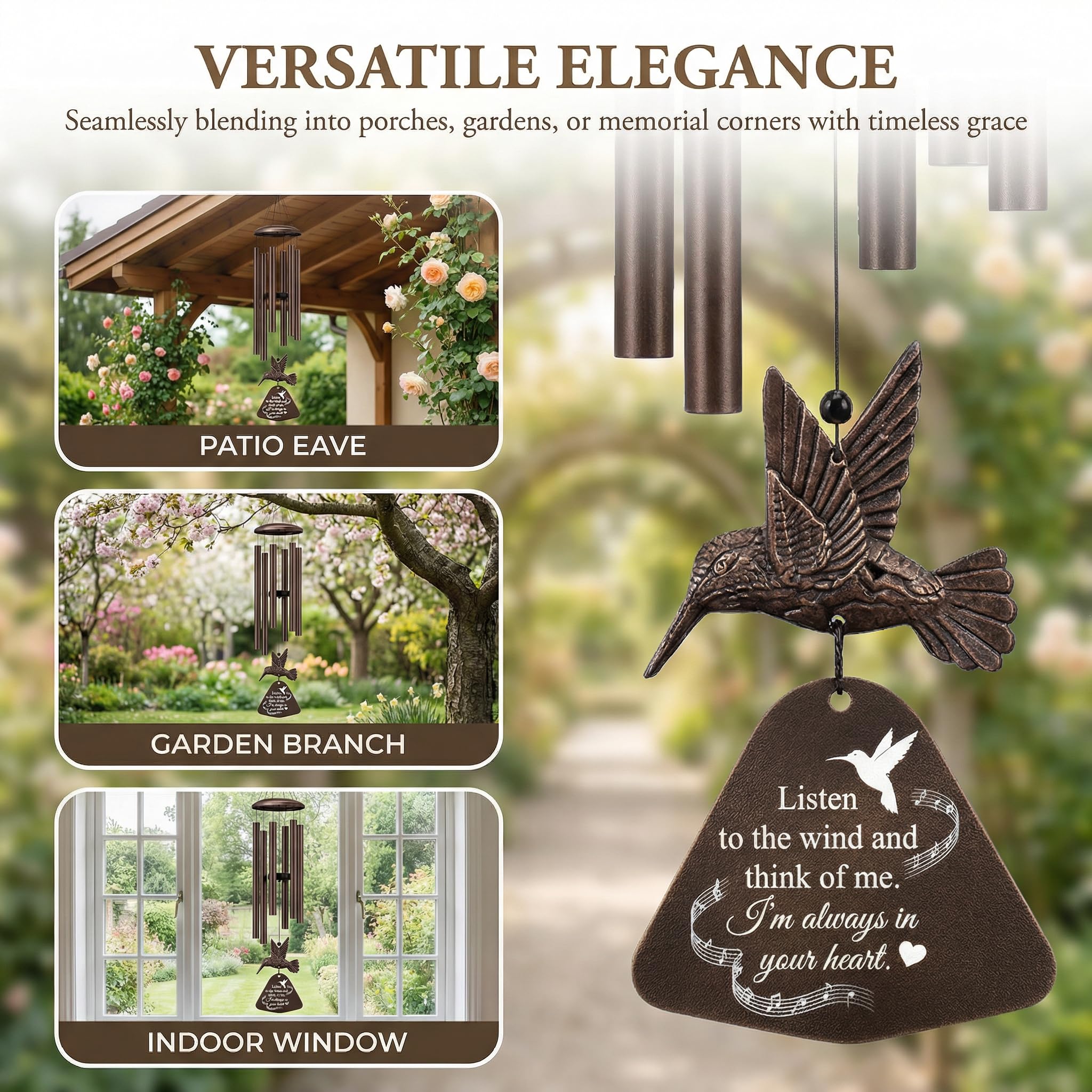 Wind chime hanging in a lush garden setting