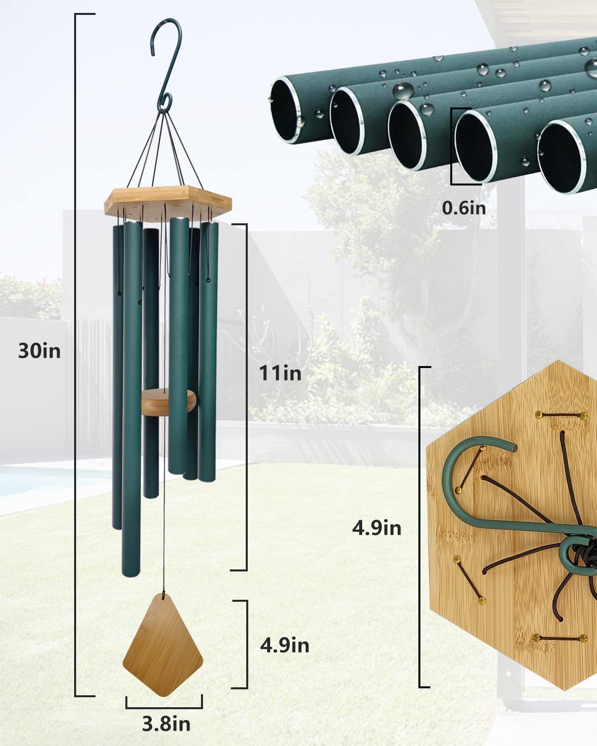 Wind chime with green finish in outdoor decor
