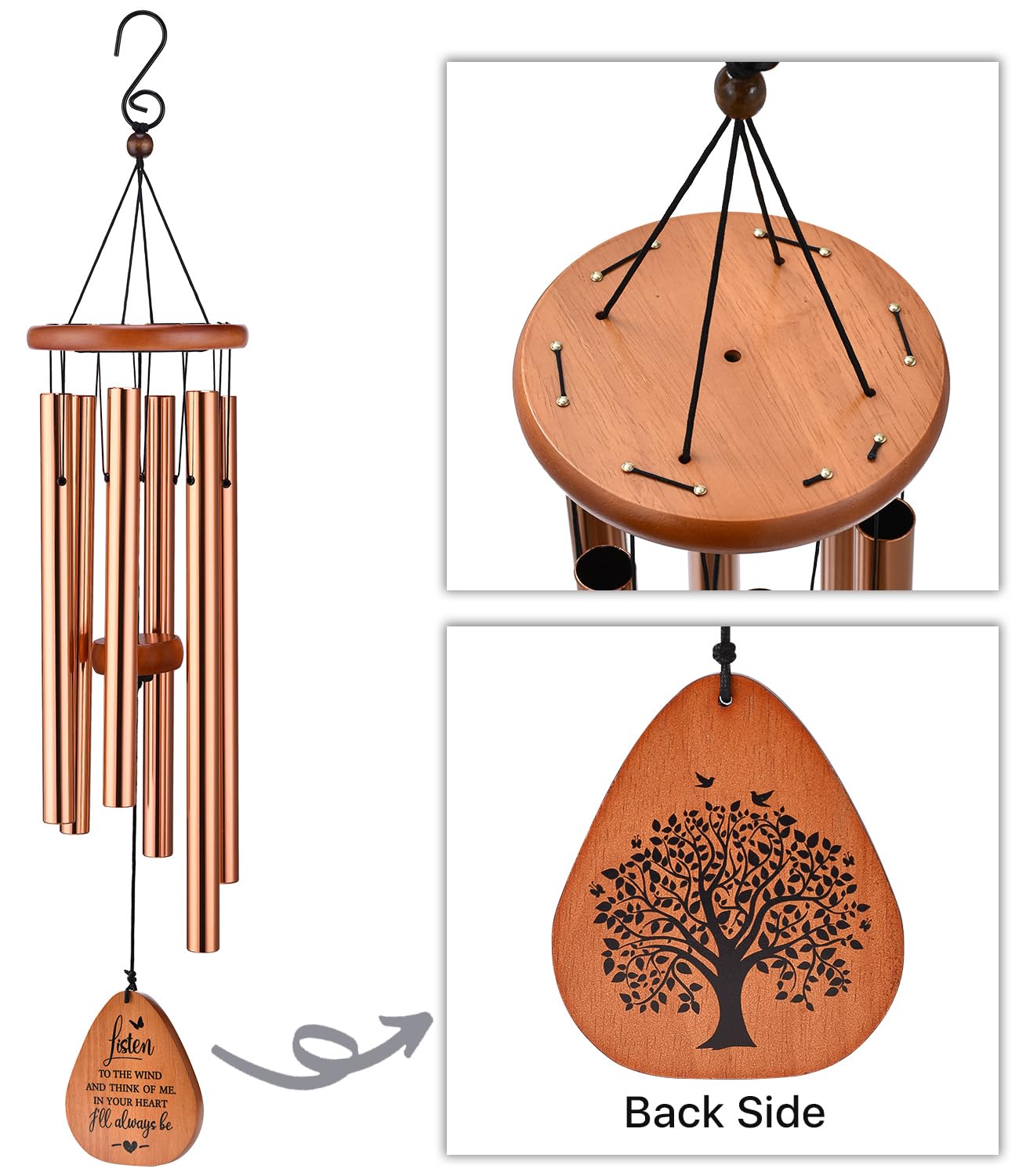 Wind chimes hanging in garden, creating soothing atmosphere