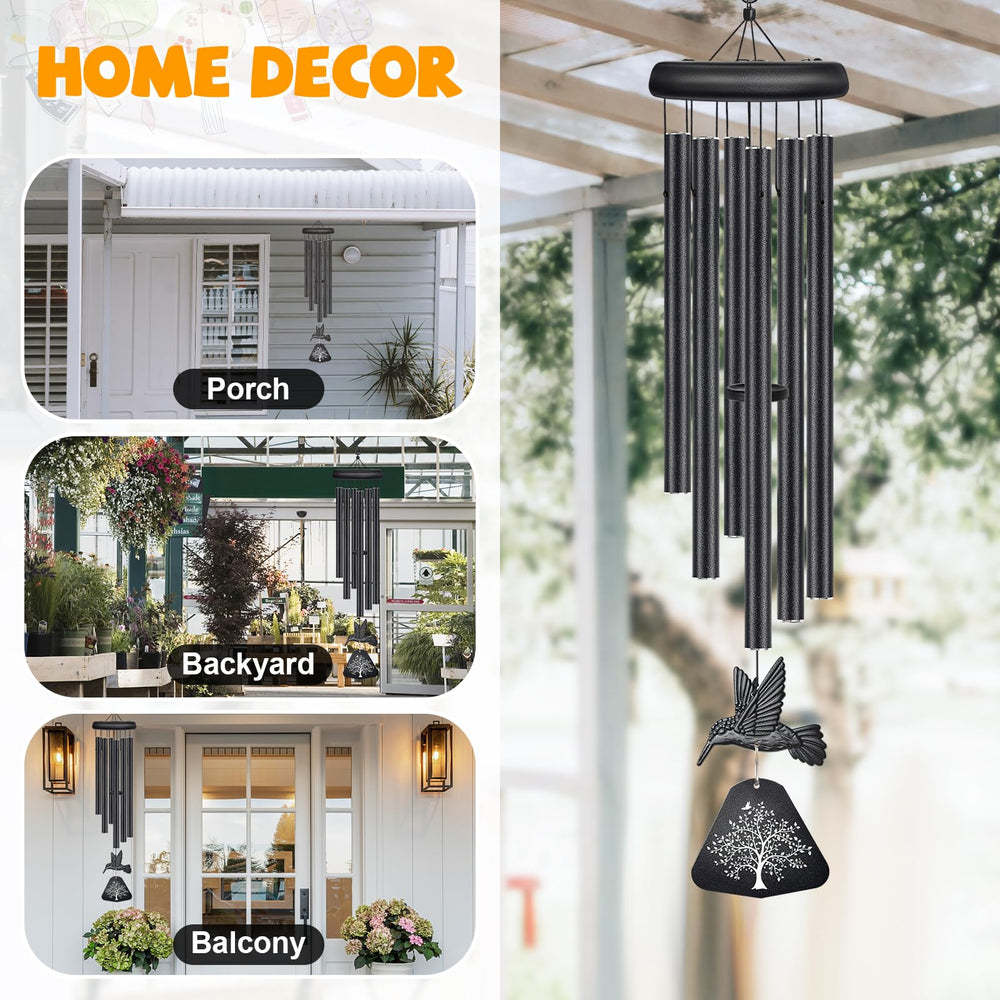 Wind chimes hanging outdoors in a garden
