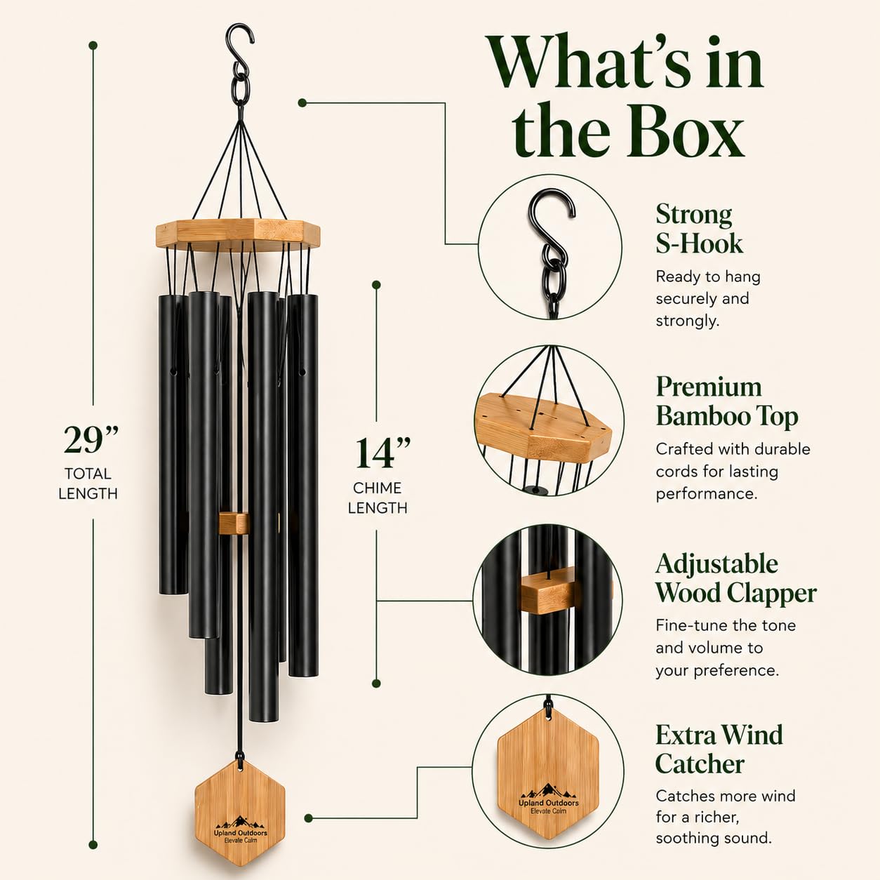 Wind chimes with adjustable sail and S hook for easy hanging