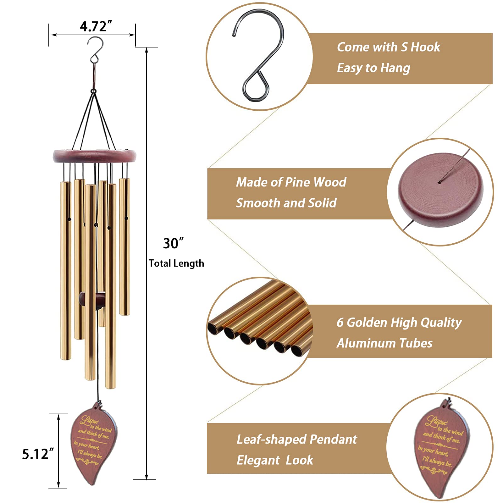 Wind chimes with leaf-shaped wind catcher in golden colour