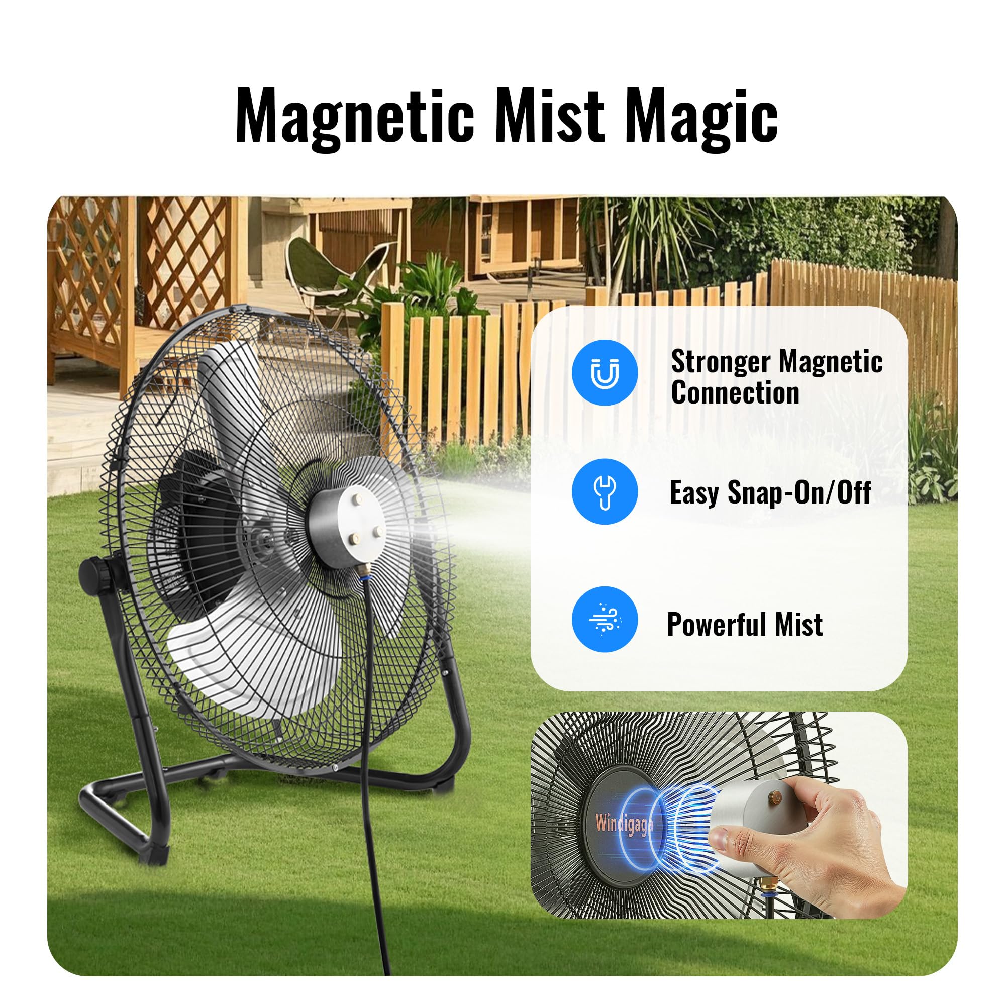 Windigaga 16" Magnetic Misting Fan side view showing the metal construction