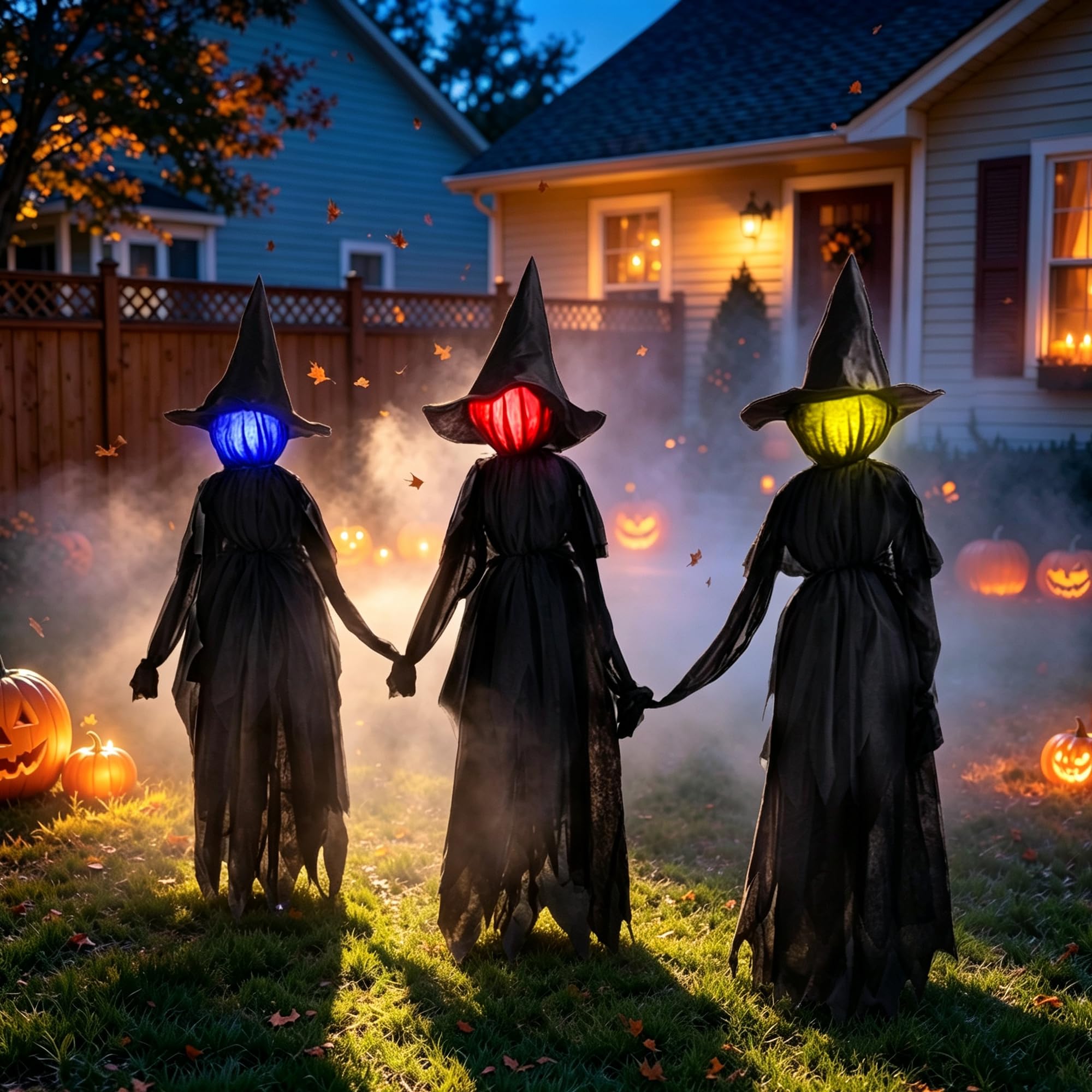 winemana Halloween witches in yard with colorful lights