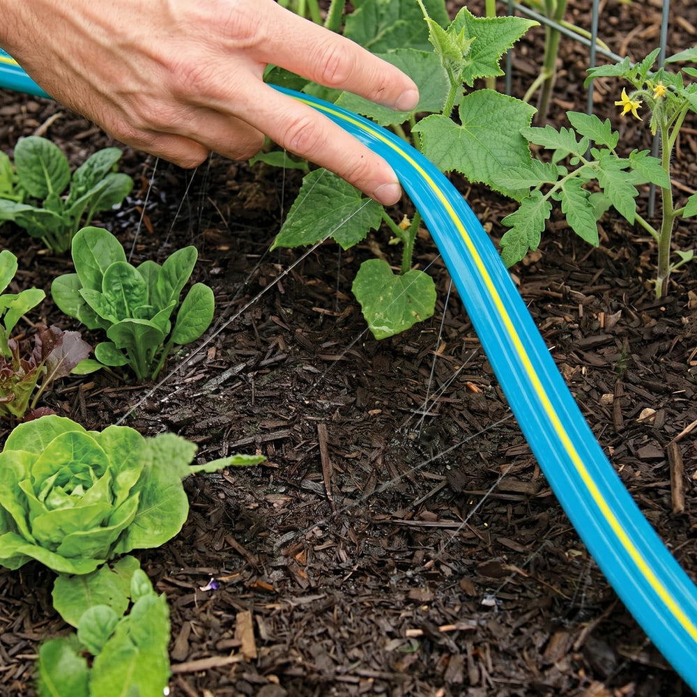 Winisok Sprinkler Hose secured with landscape stakes in a lawn