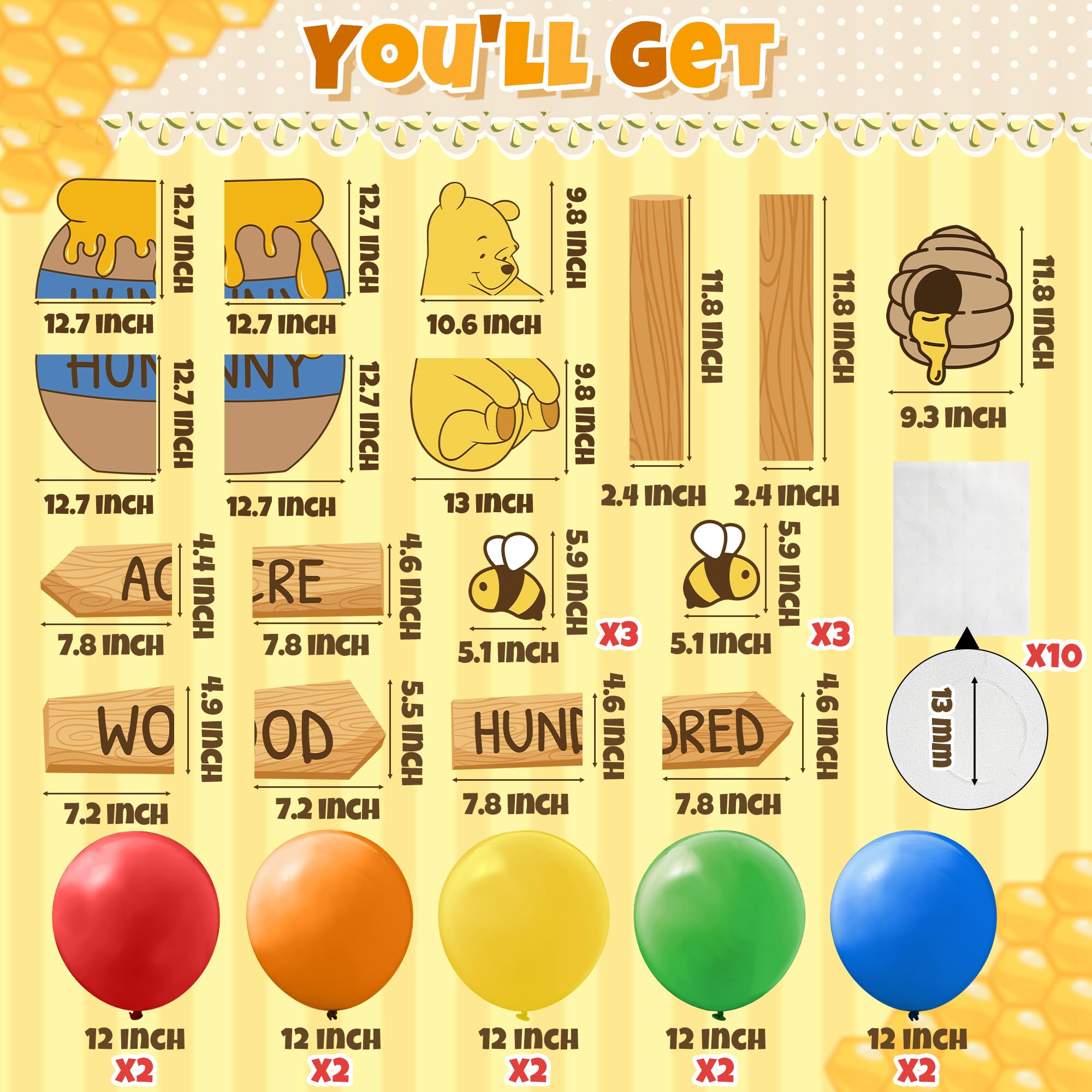 Winnie themed honey jars and bee cutouts in decoration kit