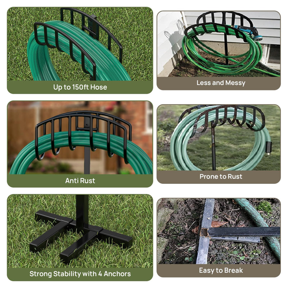 Winpull Garden Hose Holder black finish against garden backdrop