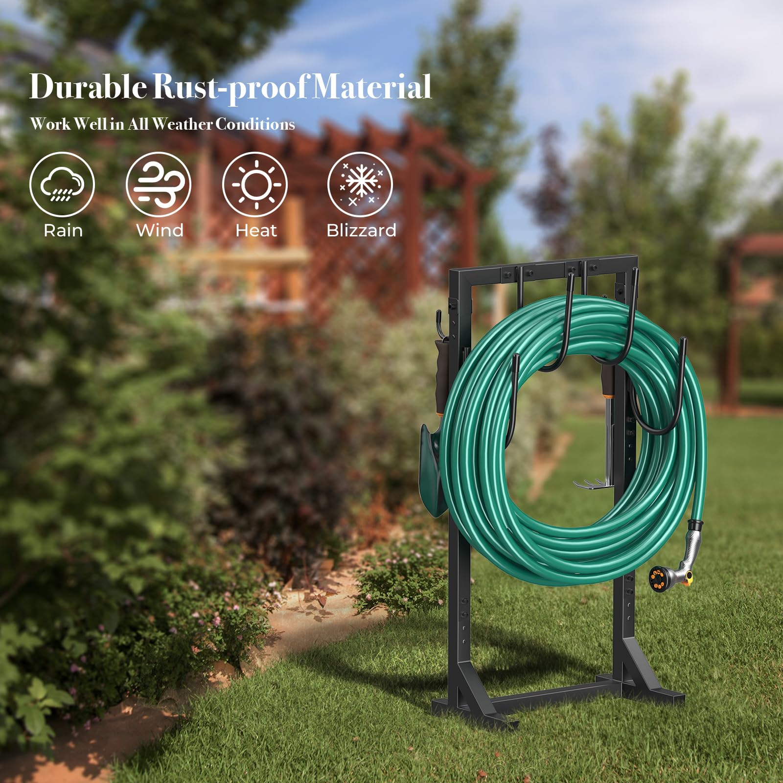 Winpull Garden Hose Holder displayed with garden tools
