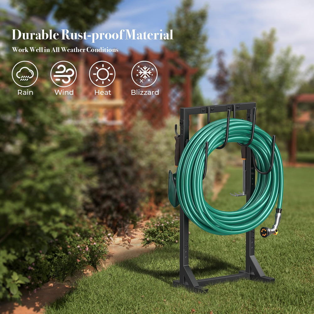 Winpull Garden Hose Holder displayed with garden tools