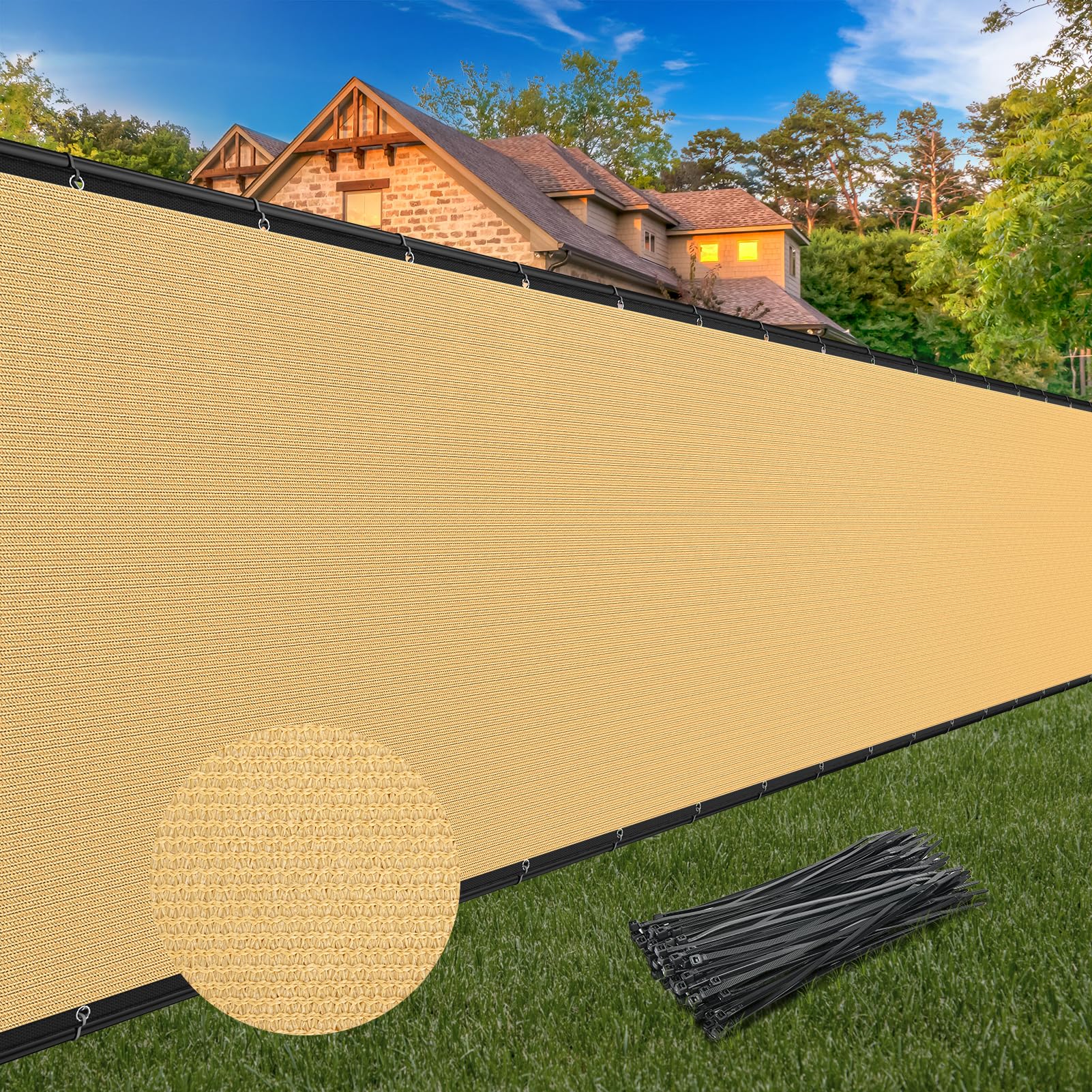 Winpull Privacy Fence Screen 5FT x 50FT beige mesh front view