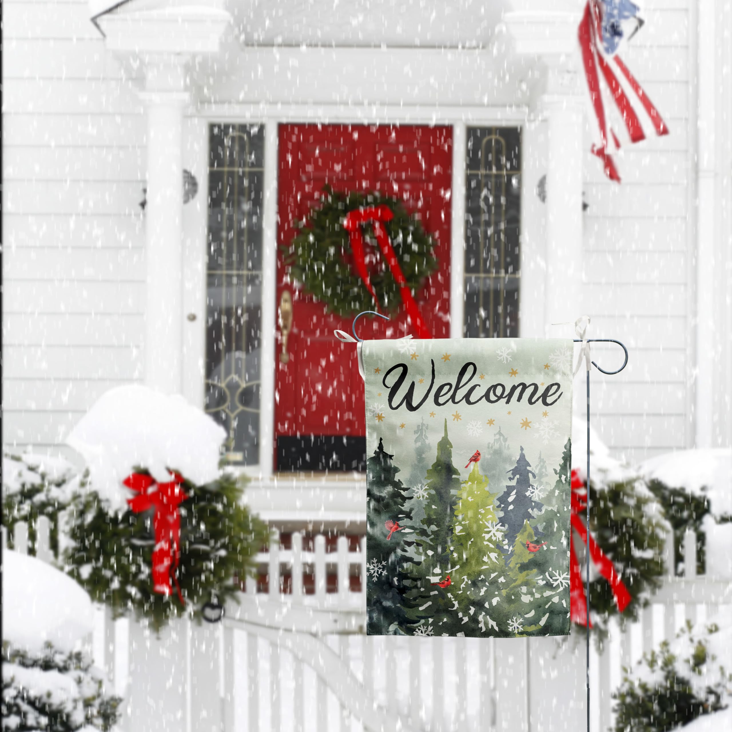 Winter garden flag in a snowy outdoor setting