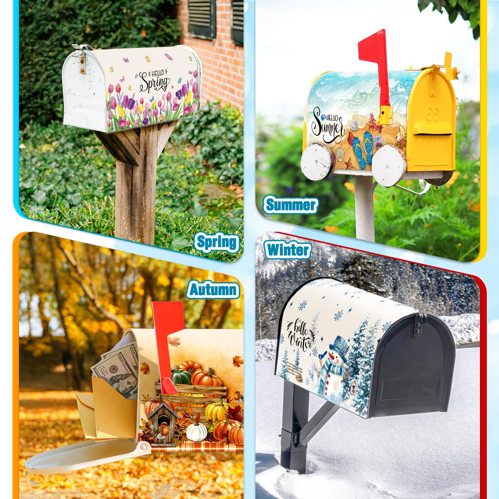 Winter mailbox cover showcasing snowmen and snowflakes