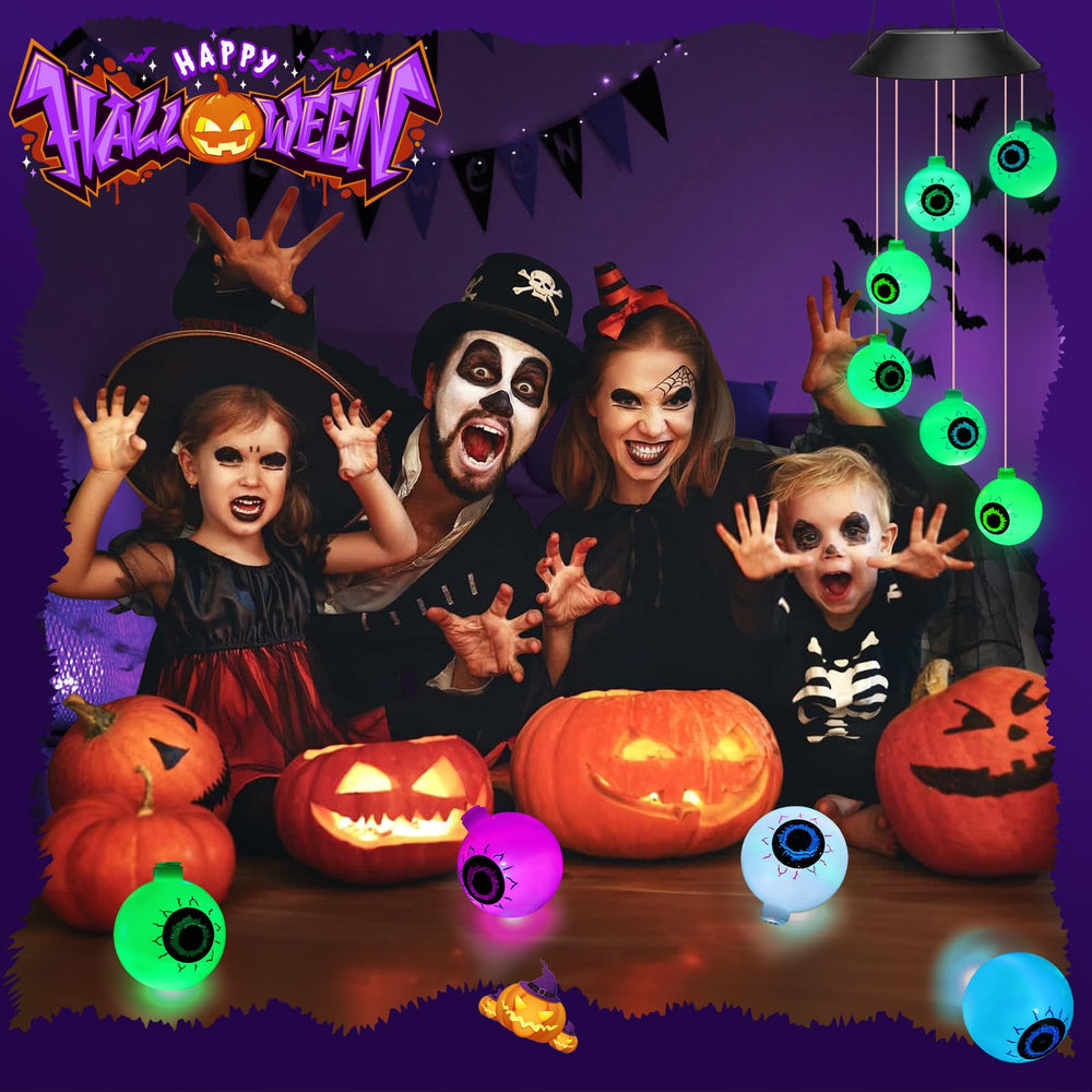 Winzwon Halloween Eyeball Lights on a porch with festive decorations