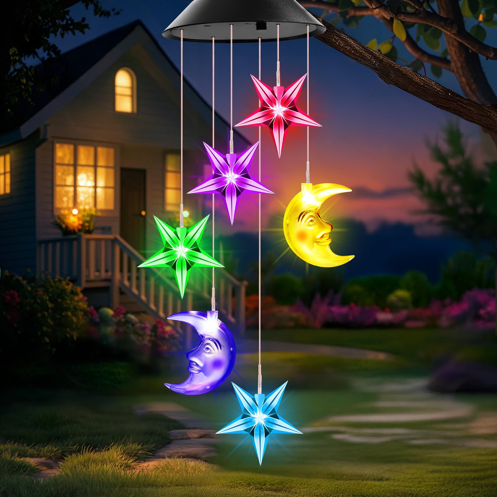 Winzwon Solar Moon Star Wind Chimes in multicolor hanging outdoors