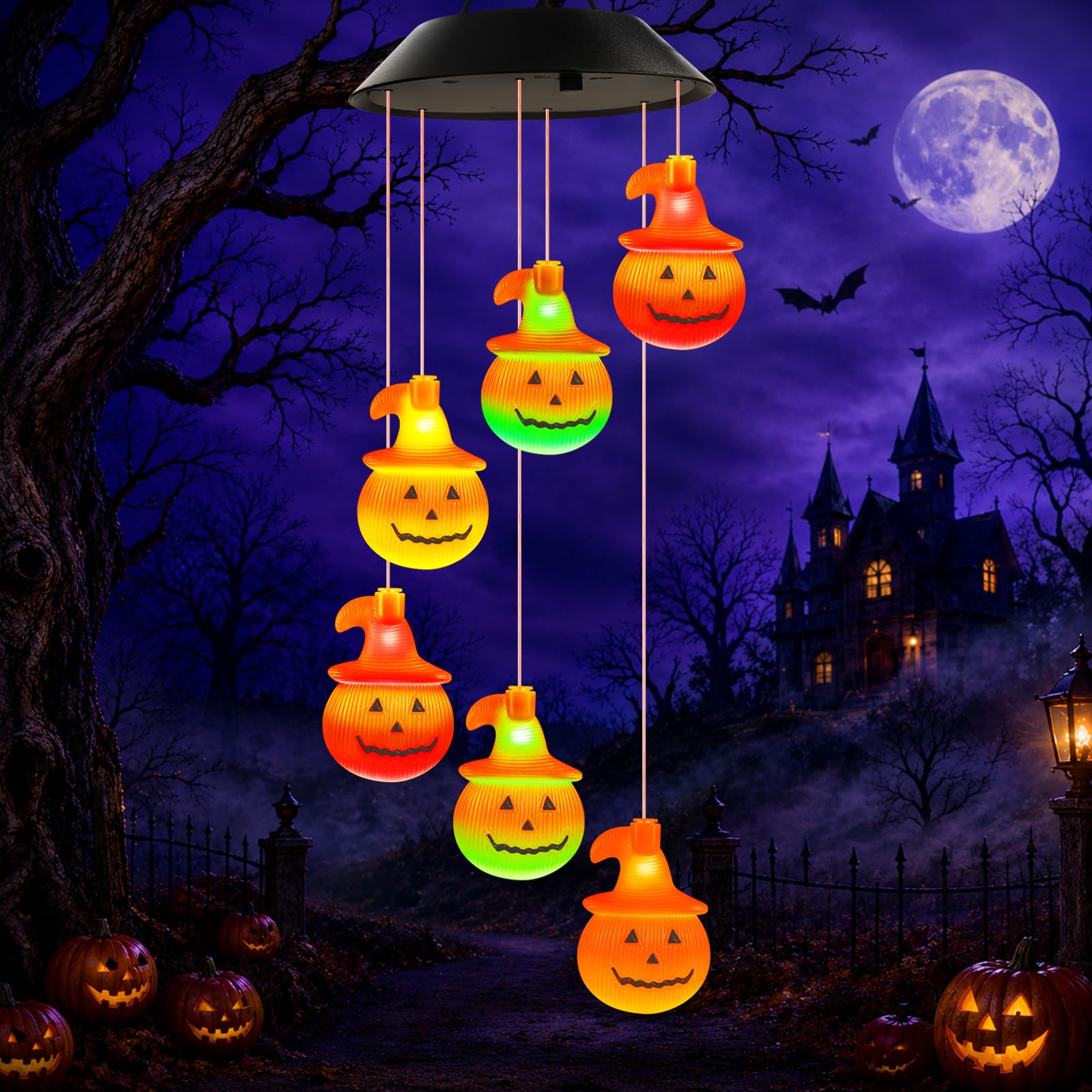 Winzwon Solar Pumpkin Wind Chimes multicolor outdoor lights front view