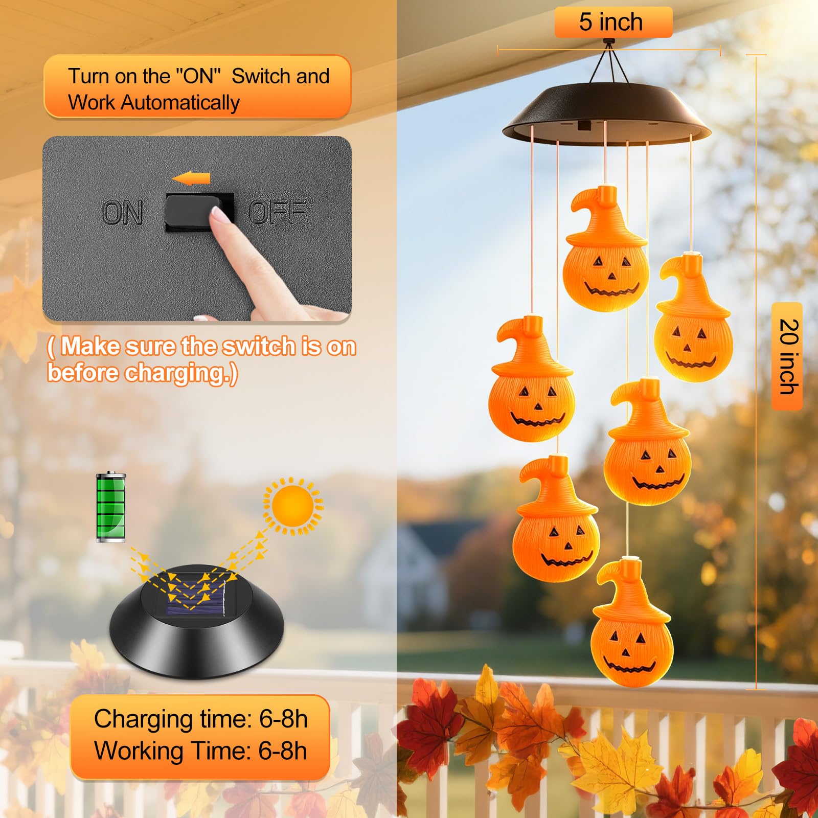 Winzwon Solar Pumpkin Wind Chimes showing installation hooks