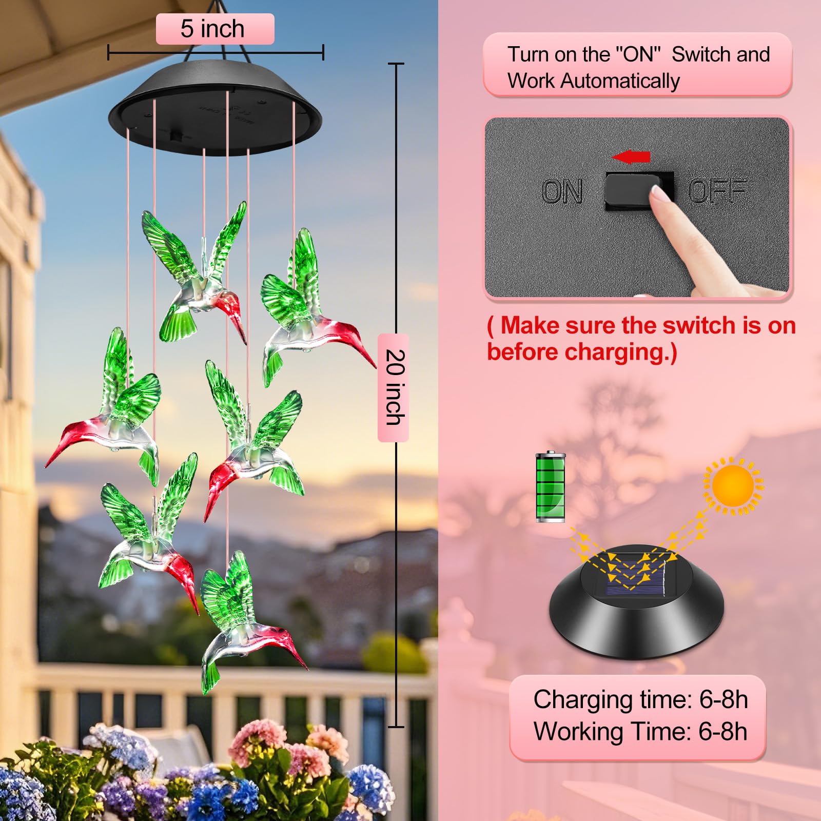 Winzwon Solar Wind Chimes displayed on a patio
