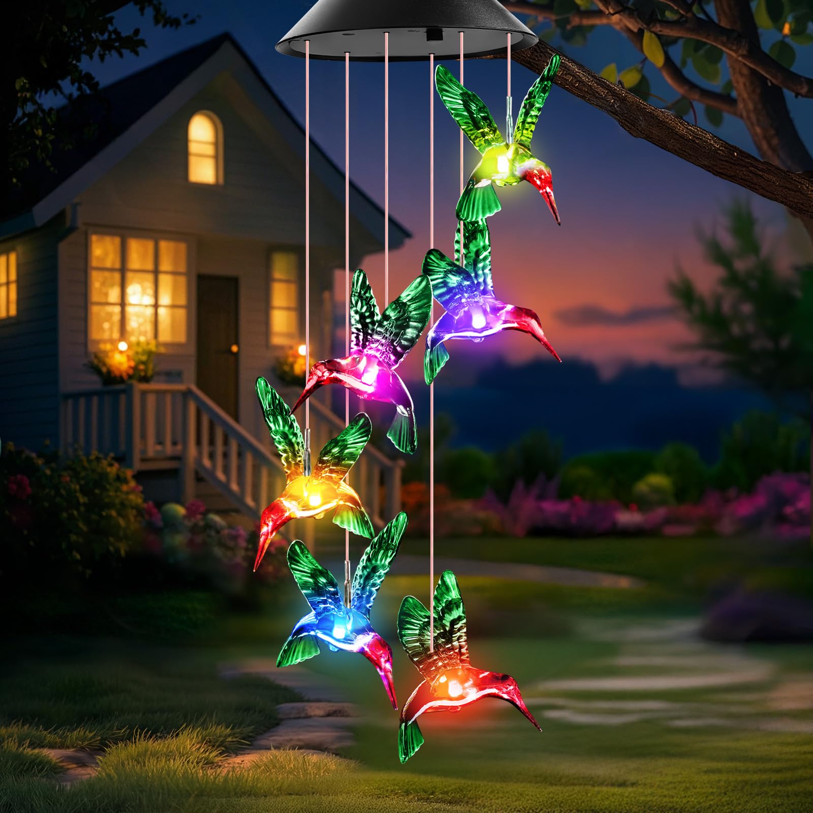 Winzwon Solar Wind Chimes green hummingbird design front view