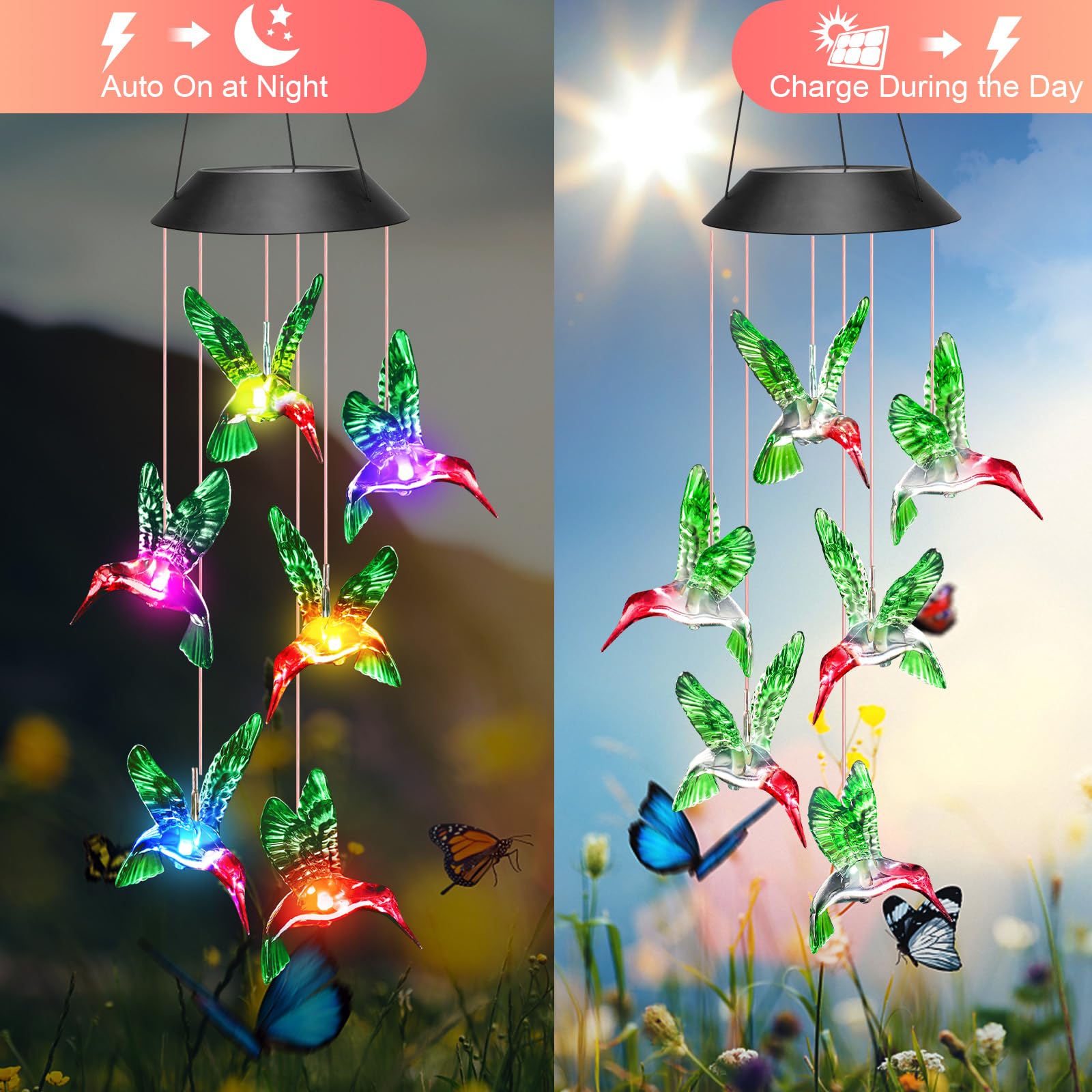 Winzwon Solar Wind Chimes hanging on a shepherd hook