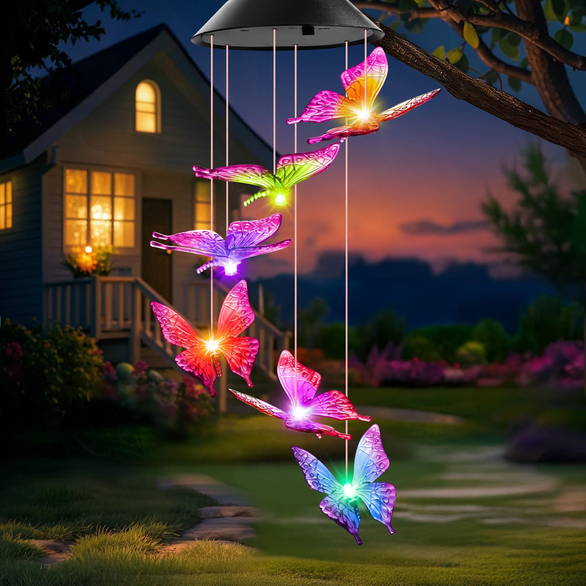 Winzwon Solar Wind Chimes multicolor butterfly outdoor view