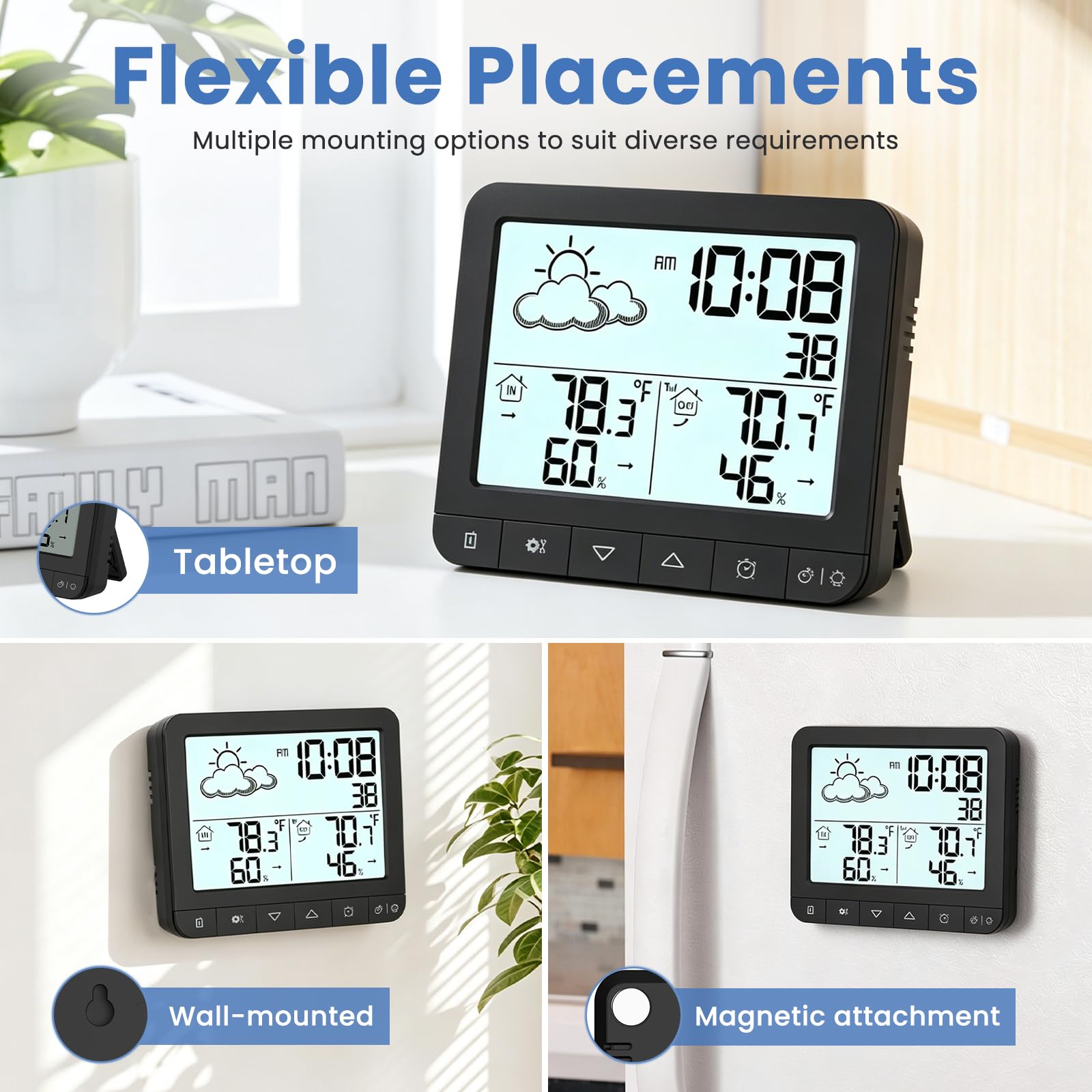 Wireless Indoor Outdoor Thermometer placed on a desk
