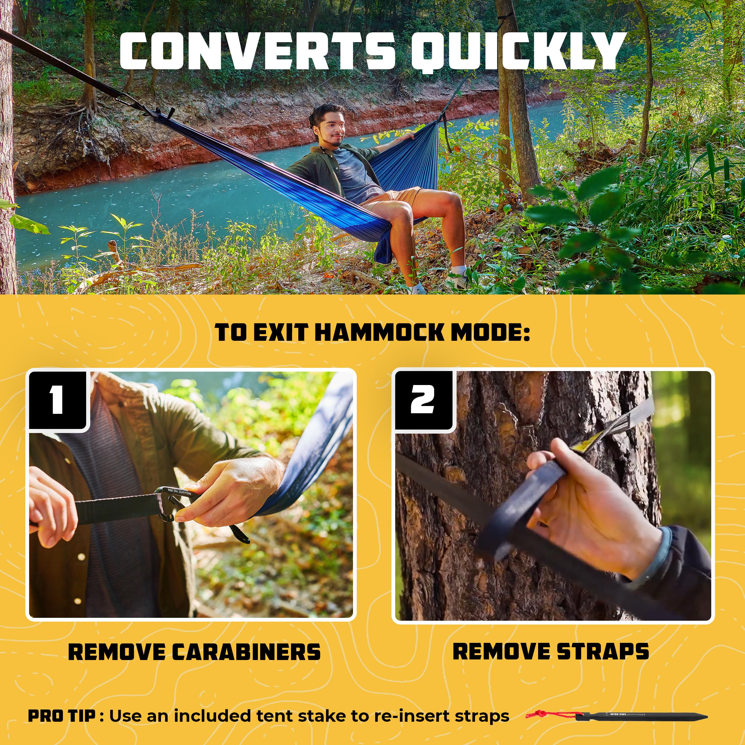 Wise Owl camping hammock showing included accessories and gear
